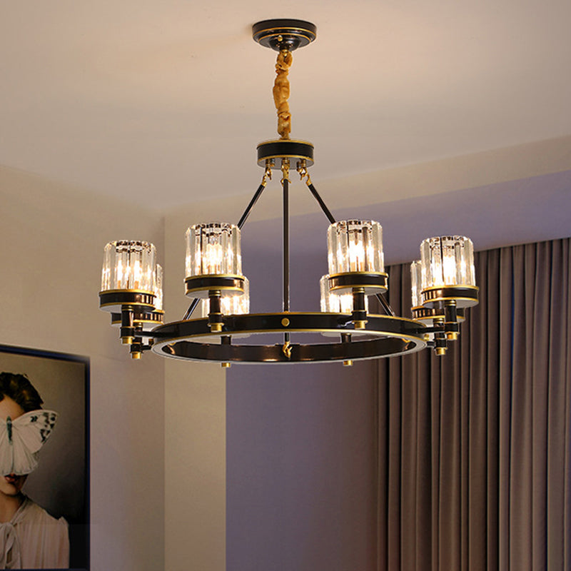 Modernist Cylinder Ceiling Chandelier Clear Crystal 5/6/8 Bulbs Living Room Pendant Lamp in Black