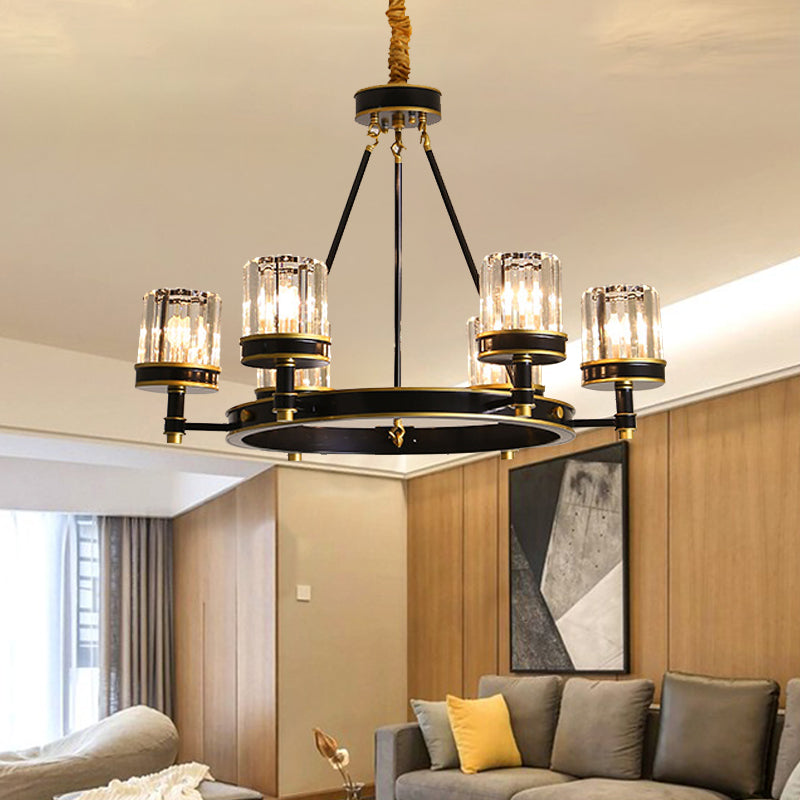 Modernist Cylinder Ceiling Chandelier Clear Crystal 5/6/8 Bulbs Living Room Pendant Lamp in Black