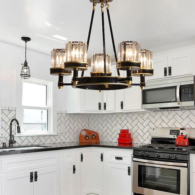 Modernist Cylinder Ceiling Chandelier Clear Crystal 5/6/8 Bulbs Living Room Pendant Lamp in Black