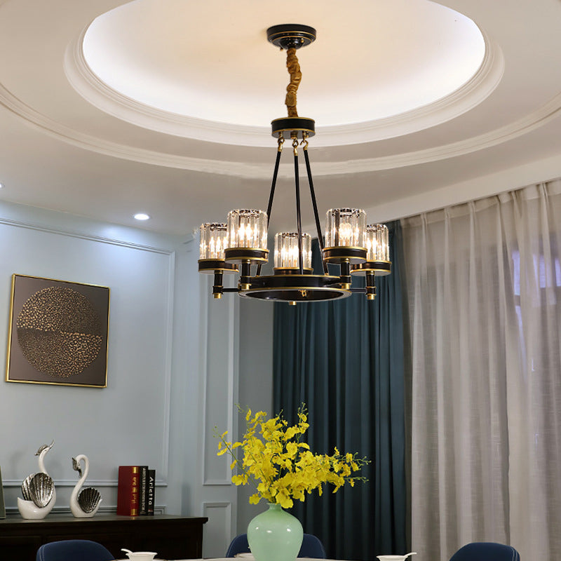 Modernist Cylinder Ceiling Chandelier Clear Crystal 5/6/8 Bulbs Living Room Pendant Lamp in Black