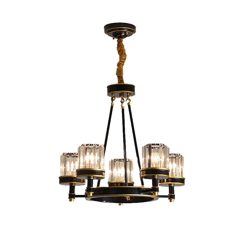 Modernist Cylinder Ceiling Chandelier Clear Crystal 5/6/8 Bulbs Living Room Pendant Lamp in Black