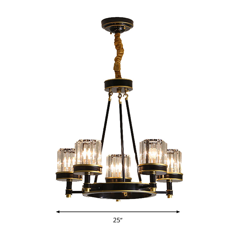 Modernist Cylinder Ceiling Chandelier Clear Crystal 5/6/8 Bulbs Living Room Pendant Lamp in Black