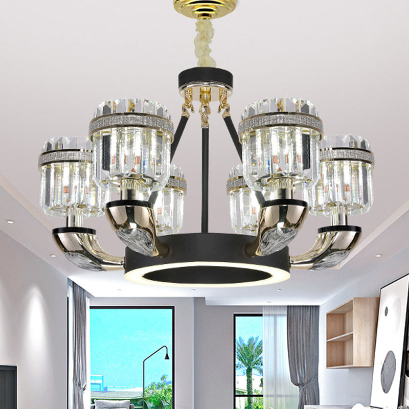 Beveled Crystal Cylinder Chandelier Lighting Traditional 6/8 Lights Black LED Hanging Pendant for Bedroom