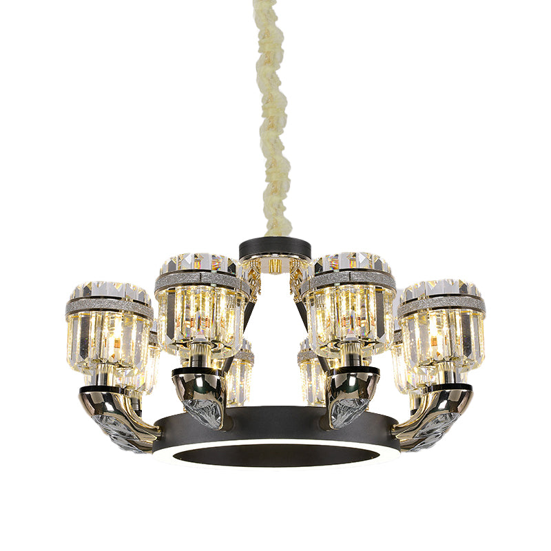 Beveled Crystal Cylinder Chandelier Lighting Traditional 6/8 Lights Black LED Hanging Pendant for Bedroom