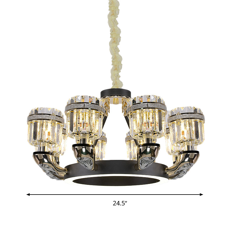 Beveled Crystal Cylinder Chandelier Lighting Traditional 6/8 Lights Black LED Hanging Pendant for Bedroom
