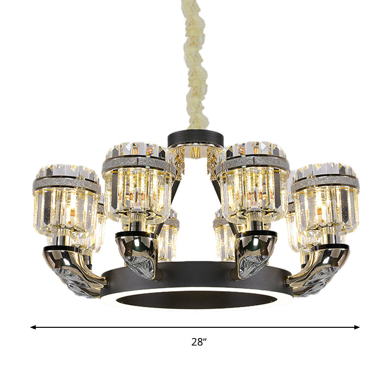 Beveled Crystal Cylinder Chandelier Lighting Traditional 6/8 Lights Black LED Hanging Pendant for Bedroom