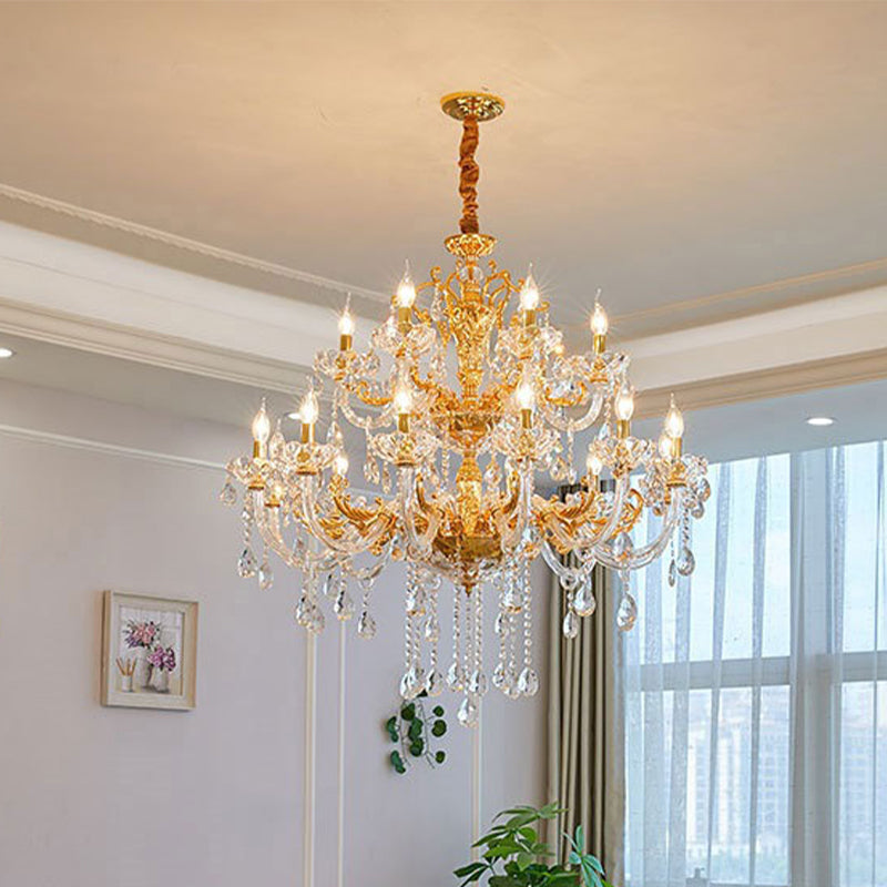 Gold Candelabra Chandelier Light Modernism 8 Heads Metal Pendant Lighting with Dangling Crystal