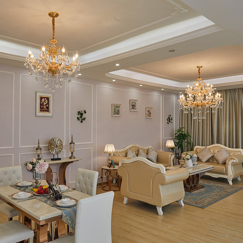 Gold Candelabra Chandelier Light Modernism 8 Heads Metal Pendant Lighting with Dangling Crystal