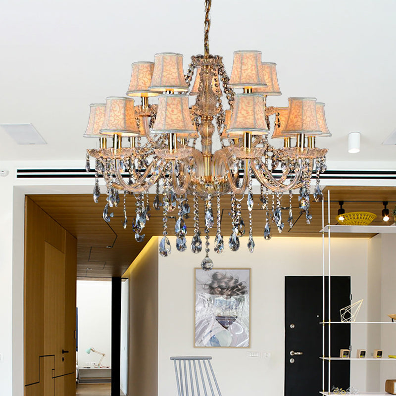 Armed Clear K9 Crystal Pendant Chandelier Rustic 6/8/10 Heads Beige Hanging Ceiling Light with Flared Fabric Shade
