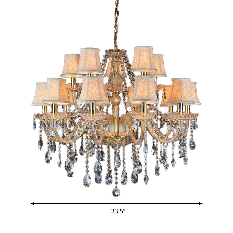 Armed Clear K9 Crystal Pendant Chandelier Rustic 6/8/10 Heads Beige Hanging Ceiling Light with Flared Fabric Shade