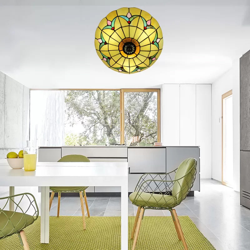 Yellow Ceiling Light, Flushmount Lighting with Art Glass Bowl Shade for Bedroom Tiffany Style