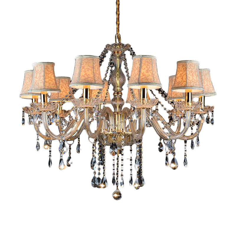 Armed Clear K9 Crystal Pendant Chandelier Rustic 6/8/10 Heads Beige Hanging Ceiling Light with Flared Fabric Shade
