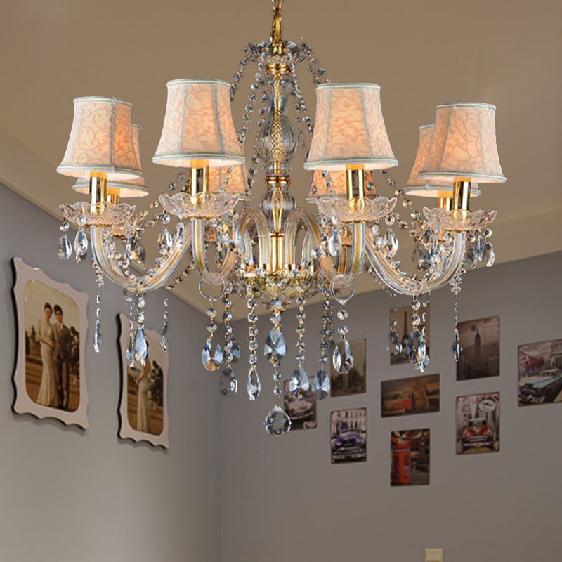 Armed Clear K9 Crystal Pendant Chandelier Rustic 6/8/10 Heads Beige Hanging Ceiling Light with Flared Fabric Shade