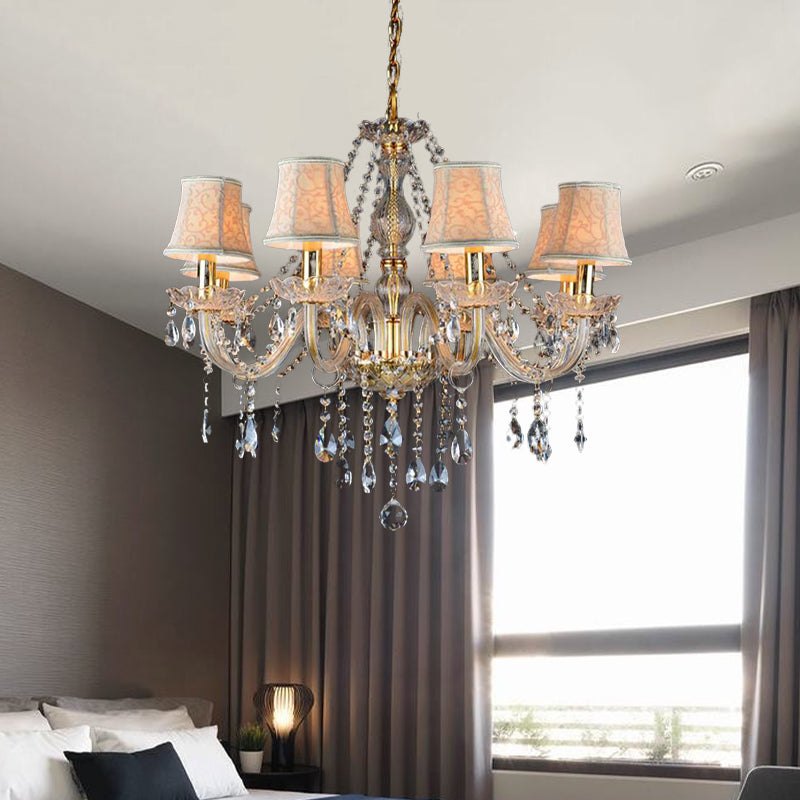 Armed Clear K9 Crystal Pendant Chandelier Rustic 6/8/10 Heads Beige Hanging Ceiling Light with Flared Fabric Shade