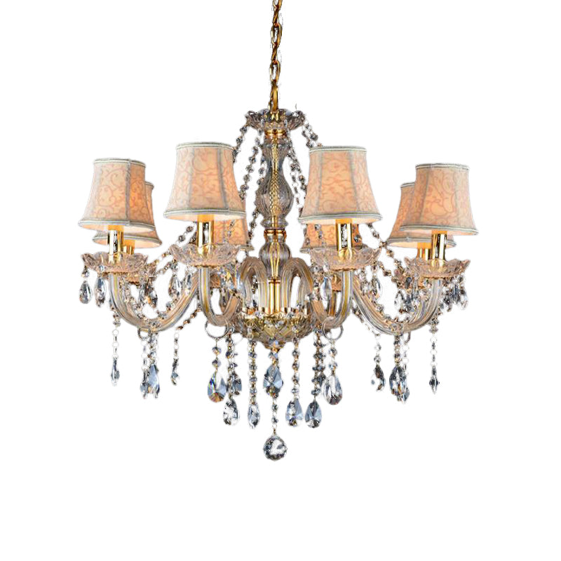 Armed Clear K9 Crystal Pendant Chandelier Rustic 6/8/10 Heads Beige Hanging Ceiling Light with Flared Fabric Shade