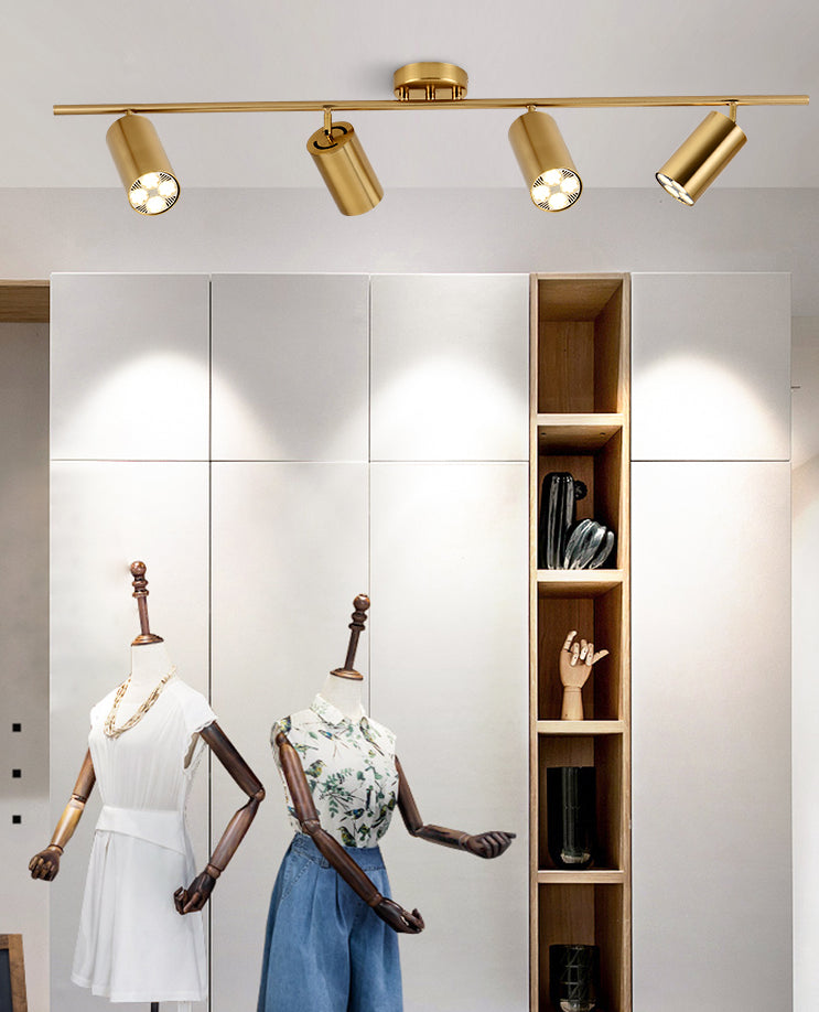 Ideas de iluminación sobre riel nórdico, guardarropa para el hogar, tienda de ropa comercial, fondo, foco dorado montado en superficie de pared