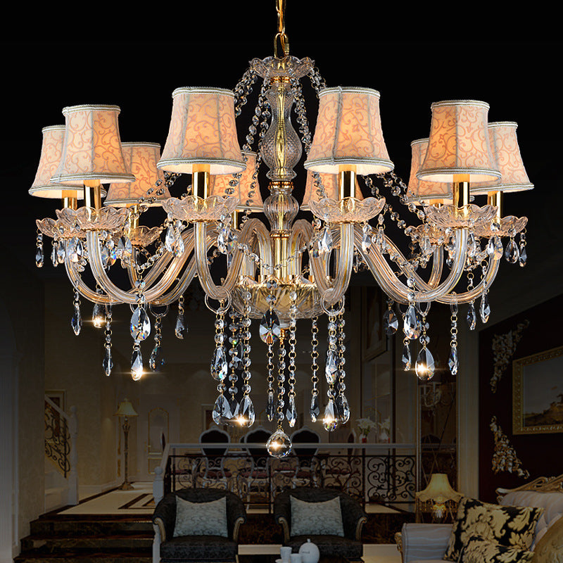 Armed Clear K9 Crystal Pendant Chandelier Rustic 6/8/10 Heads Beige Hanging Ceiling Light with Flared Fabric Shade