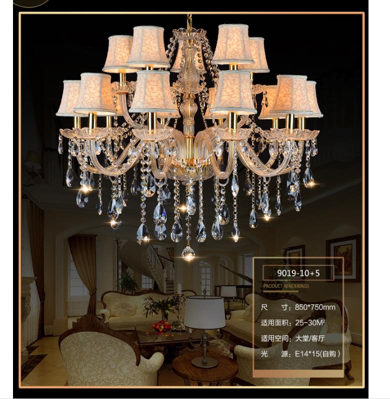 Armed Clear K9 Crystal Pendant Chandelier Rustic 6/8/10 Heads Beige Hanging Ceiling Light with Flared Fabric Shade