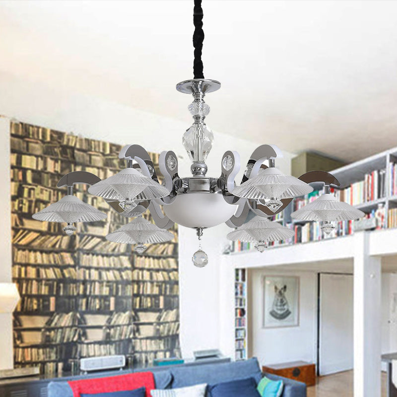 Flared Dining Room Pendant Ceiling Light Simple Ridged Crystal 6 Heads Chrome Hanging Chandelier
