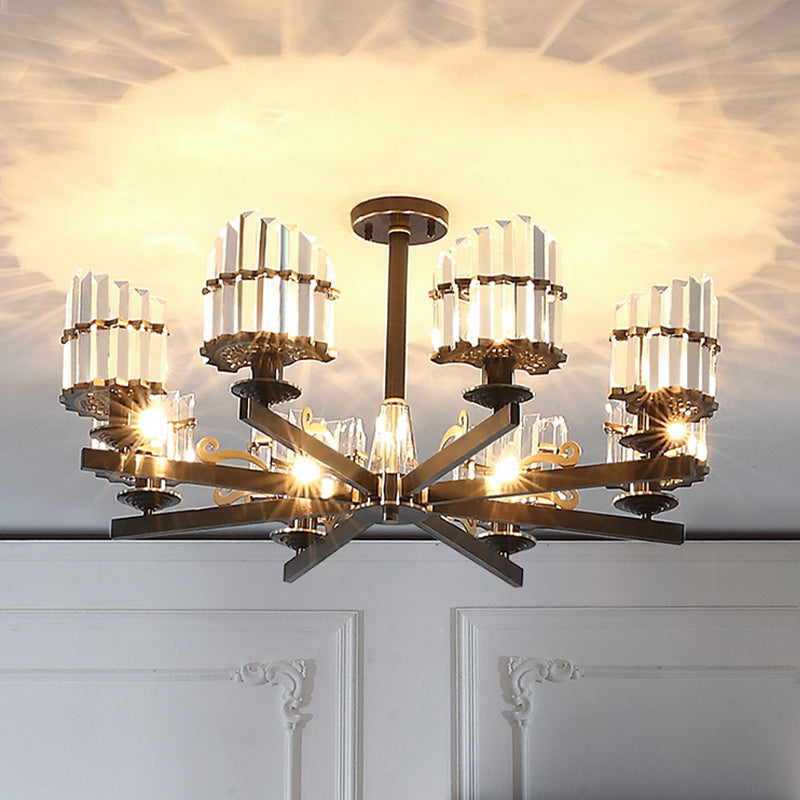 Modernism Sputnik Hanging Light 3/6/8 Heads Three Sided Crystal Rod Ceiling Chandelier in Black/Brass
