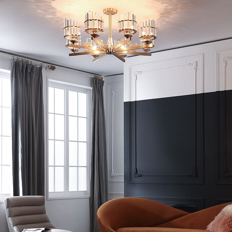 Modernism Sputnik Hanging Light 3/6/8 Heads Three Sided Crystal Rod Ceiling Chandelier in Black/Brass