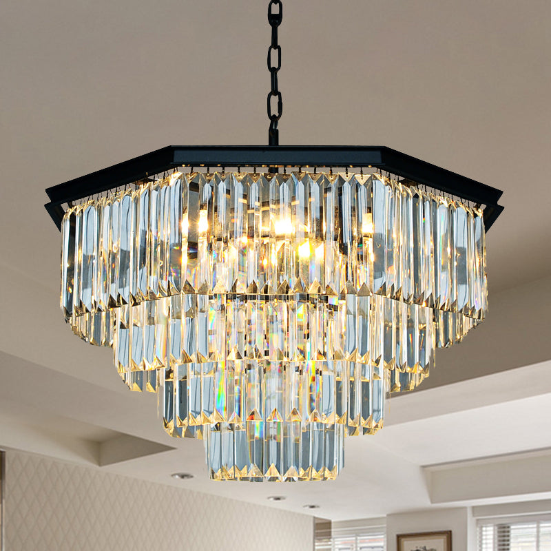 4 Tiers Living Room Suspension Pendant Traditional Clear/Amber Three Sided Crystal Rod 11 Heads Chandelier Light