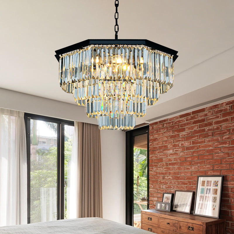 4 Tiers Living Room Suspension Pendant Traditional Clear/Amber Three Sided Crystal Rod 11 Heads Chandelier Light