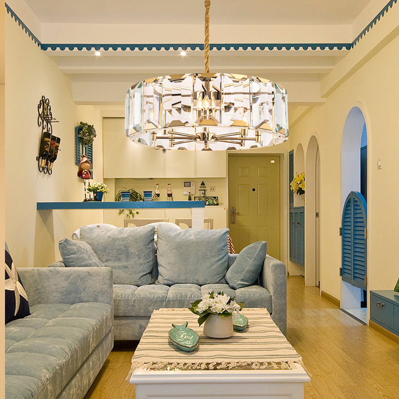 Gold Drum Ceiling Lamp Postmodern Faceted Crystal Panel 6 Heads Living Room Chandelier Lighting