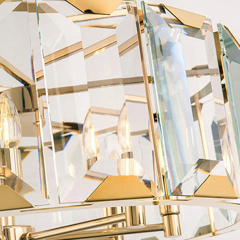 Gold Drum Ceiling Lamp Postmodern Faceted Crystal Panel 6 Heads Living Room Chandelier Lighting