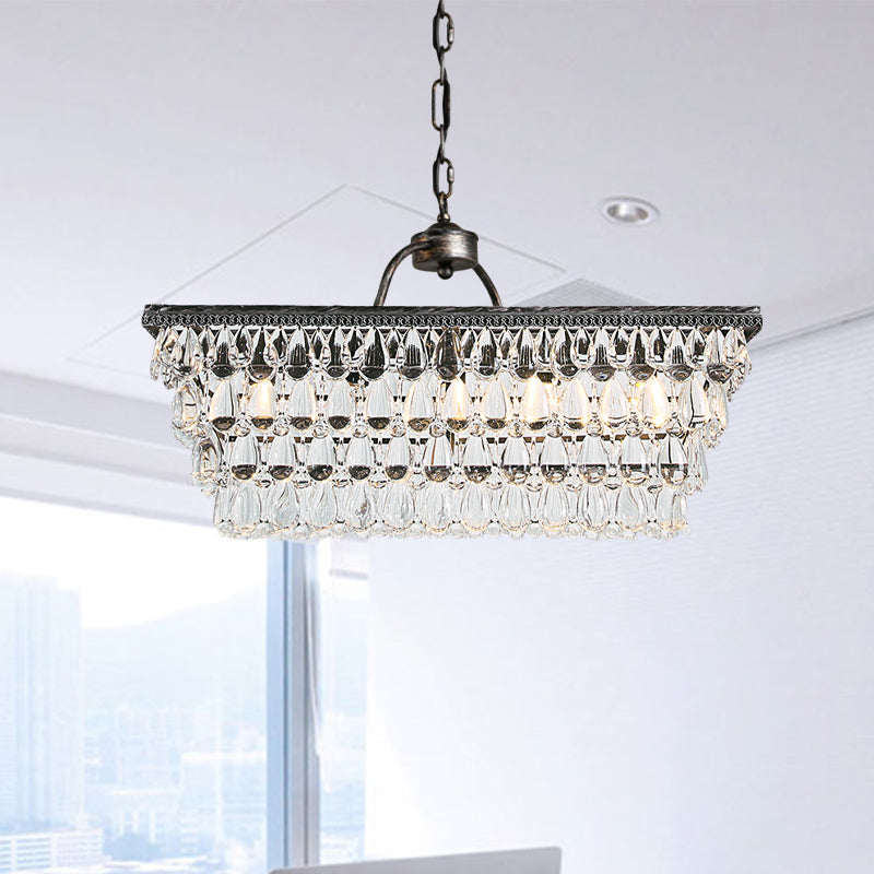 Silver Rectangle Hanging Ceiling Light Modernism Teardrop Crystal 4/6 Heads Living Room Island Light
