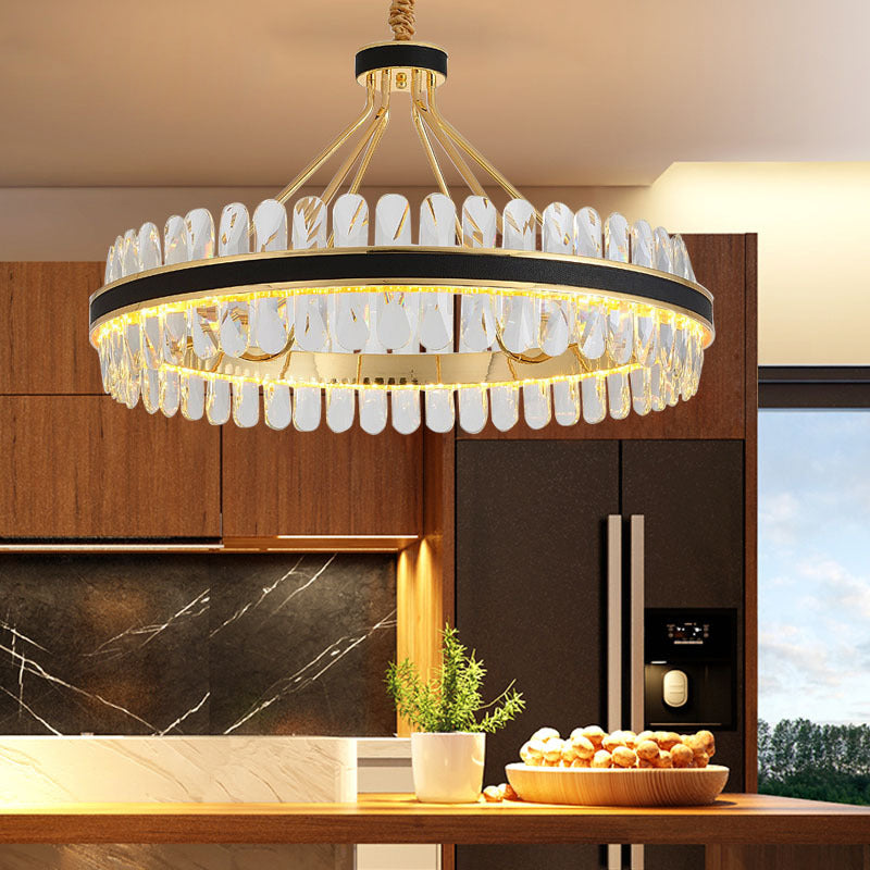 Lampada isola del cerchio nero e oro Modern Crystal LED CRIDULE Light con arredamento in pelle