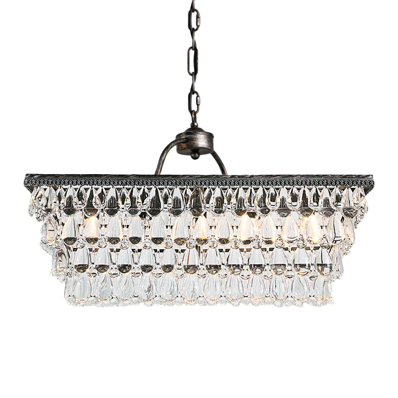 Silver Rectangle Hanging Ceiling Light Modernism Teardrop Crystal 4/6 Heads Living Room Island Light