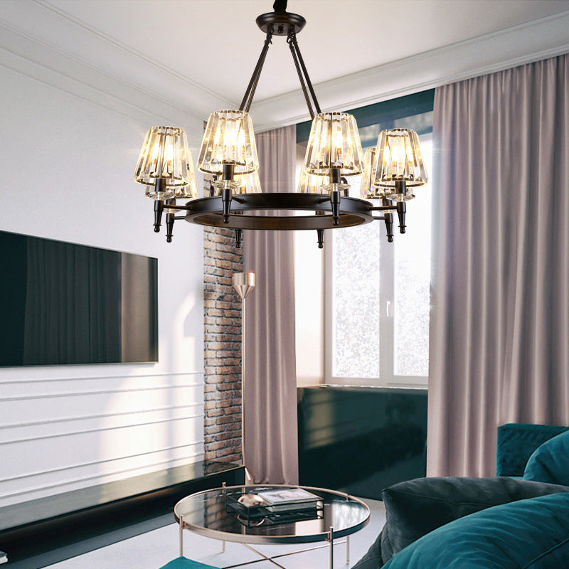 Traditional Style Crystal Chandelier Light Iron Vintage Suspension Lighting Fixture in Black for Living Room