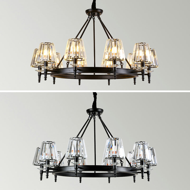 Traditional Style Crystal Chandelier Light Iron Vintage Suspension Lighting Fixture in Black for Living Room