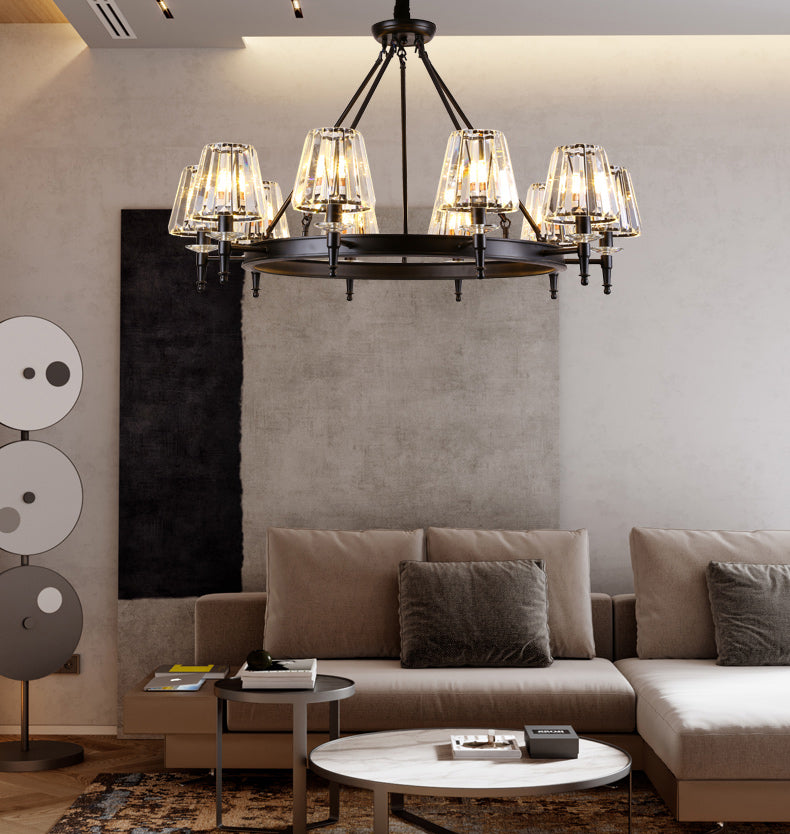 Traditional Style Crystal Chandelier Light Iron Vintage Suspension Lighting Fixture in Black for Living Room