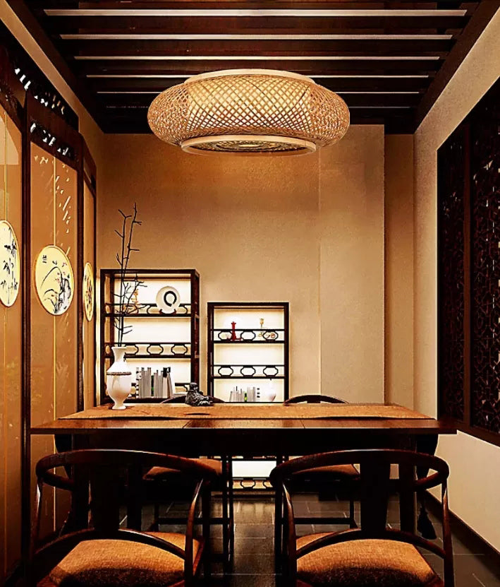 Rounded Drum Flush Mount Light Rattan Japanese Flush Mount Spotlight for Restaurant