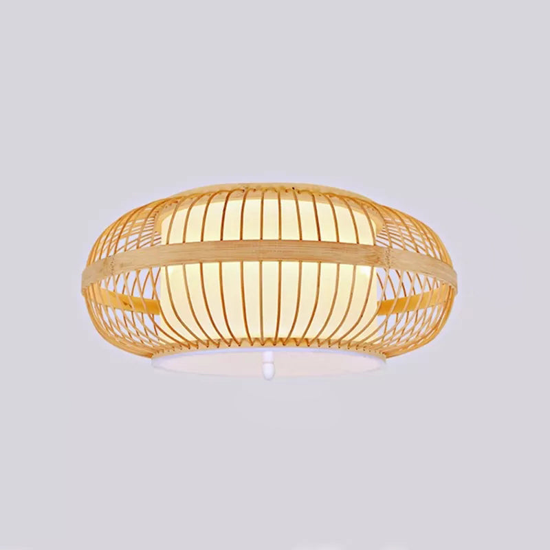 Curved Drum Flush Light Fixtures Rattan Japanese Flush Mount Ceiling Light Fixture