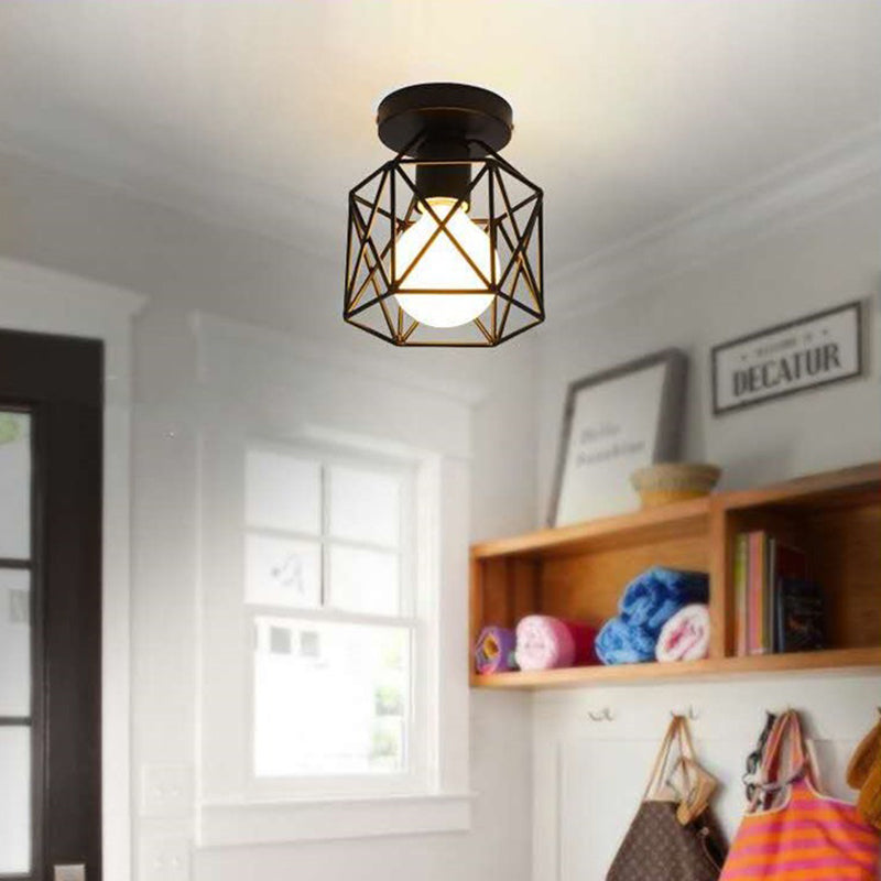 1-Light Wire Cage Semi Flush Mount Ceiling Fixture Industrial Metal Semi Flush