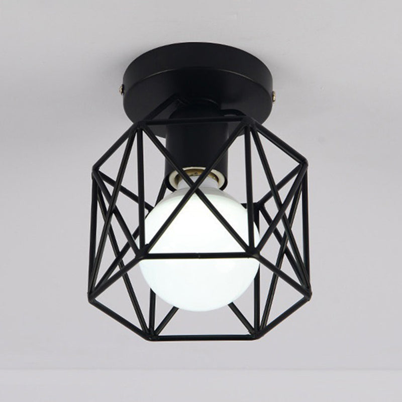 1-Light Wire Cage Semi Flush Mount Ceiling Fixture Industrial Metal Semi Flush