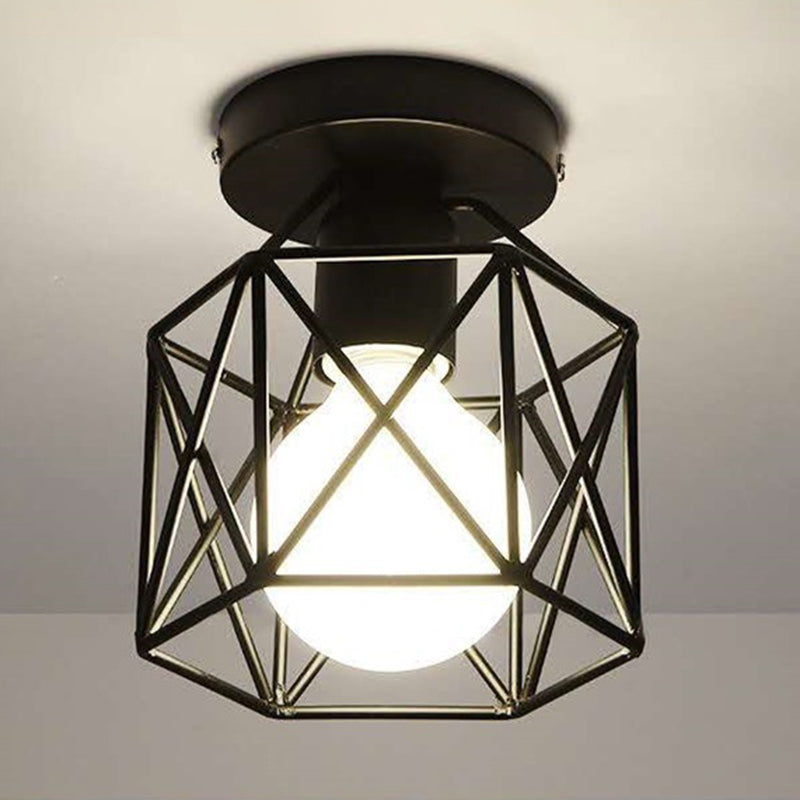 1-Light Wire Cage Semi Flush Mount Ceiling Fixture Industrial Metal Semi Flush