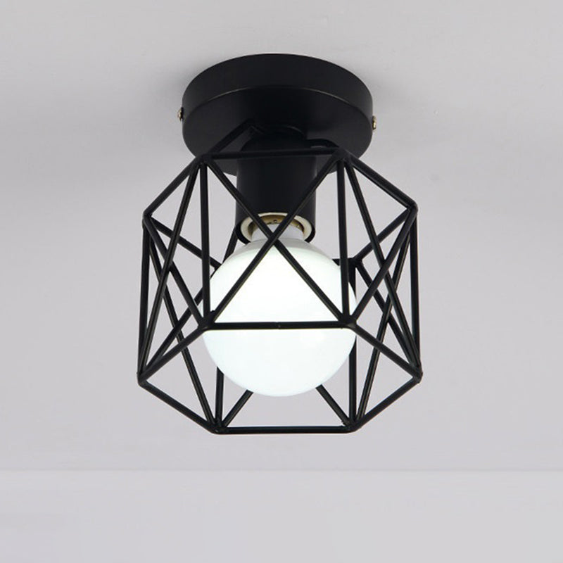 1-Light Wire Cage Semi Flush Mount Ceiling Fixture Industrial Metal Semi Flush