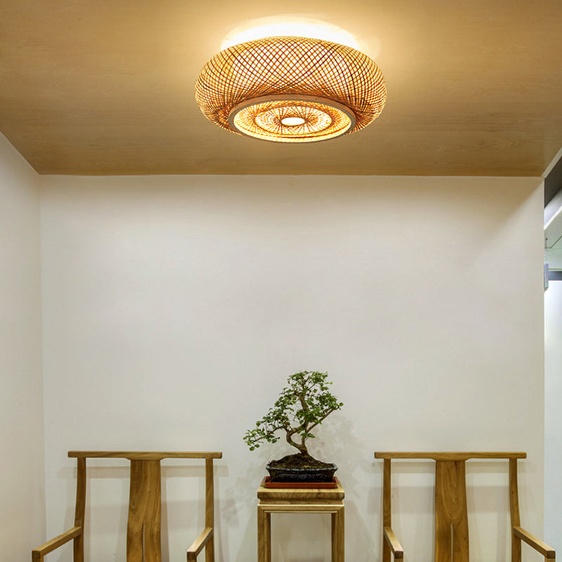 Cross Woven Flush Mount Ceiling Light Contemporary Rattan Ceiling Mount Light Fixture for Bedroom