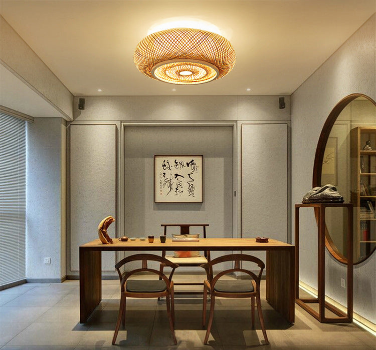 Cross Woven Flush Mount Ceiling Light Contemporary Rattan Ceiling Mount Light Fixture for Bedroom