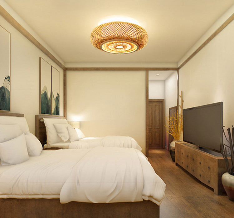 Cross Woven Flush Mount Ceiling Light Contemporary Rattan Ceiling Mount Light Fixture for Bedroom