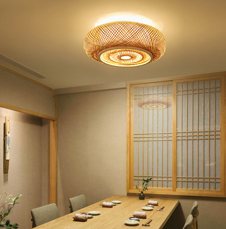 Cross Woven Flush Mount Ceiling Light Contemporary Rattan Ceiling Mount Light Fixture for Bedroom