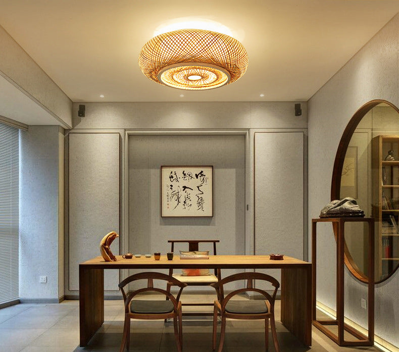 Circular Flush Mount Light Fixture Asian Rattan Flush Mount