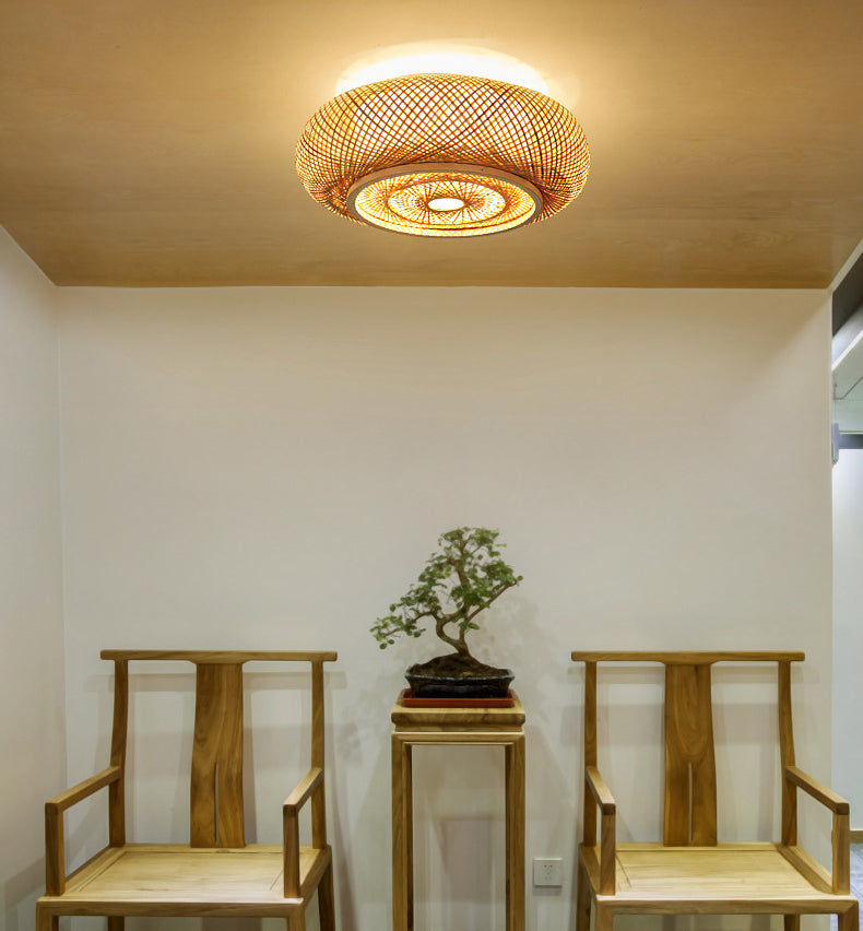 Circular Flush Mount Light Fixture Asian Rattan Flush Mount