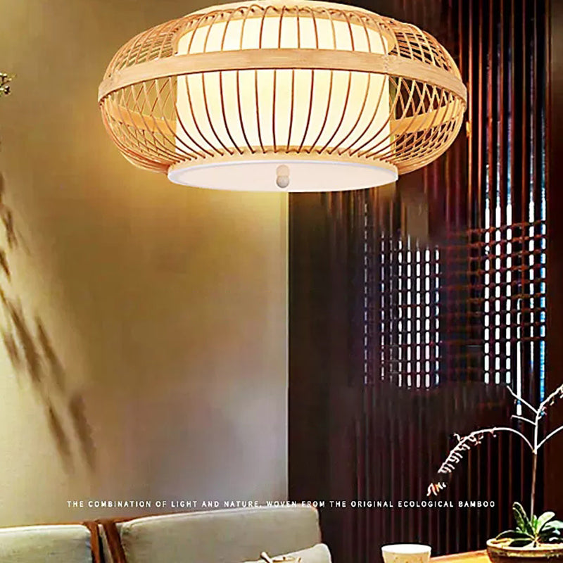 Curved Drum Flush Light Fixtures Rattan Japanese Flush Mount Ceiling Light Fixture