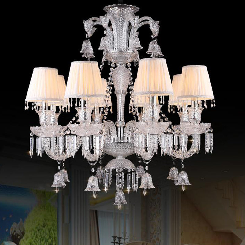 Beige Tapered Chandelier Pendant Light Modernism 8 Heads Crystal Hanging Lamp with Fabric Shade