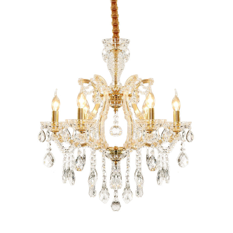 Modernist Candlestick Ceiling Chandelier Clear Crystal Glass 6/8 Bulbs Dining Room Pendant Lamp in Gold